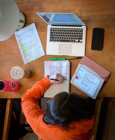Student studying in library.
